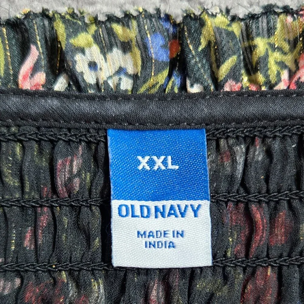 Old Navy Smocked Dark Floral Shine Blouse Chiffon Shimmering Ditsy Romantic